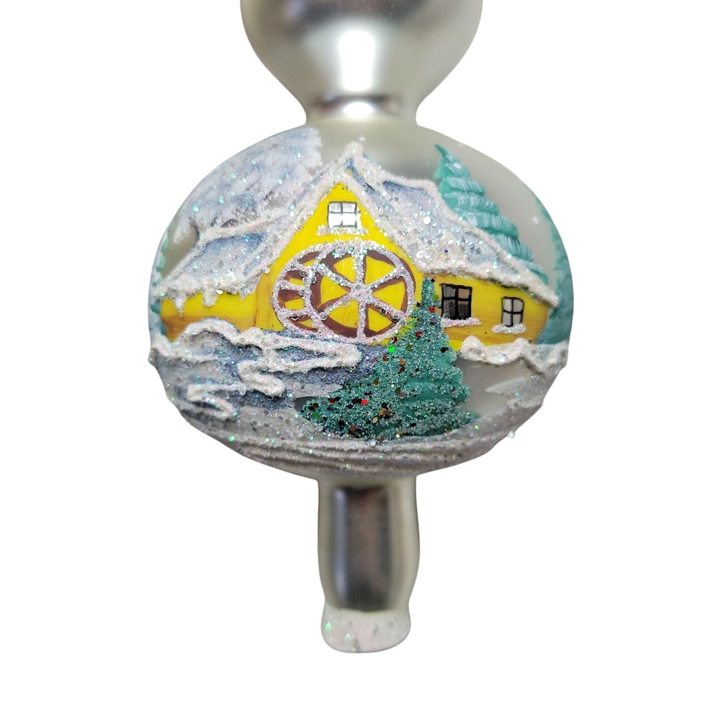 Vitbis Polish Glass Christmas Tree Topper Hand Painted Winter Watermill Scene